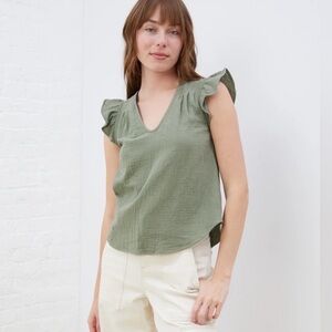 Upwest Ruffled Sleeve V-Neck Coastal Cotton Popover Olive Top S NWT